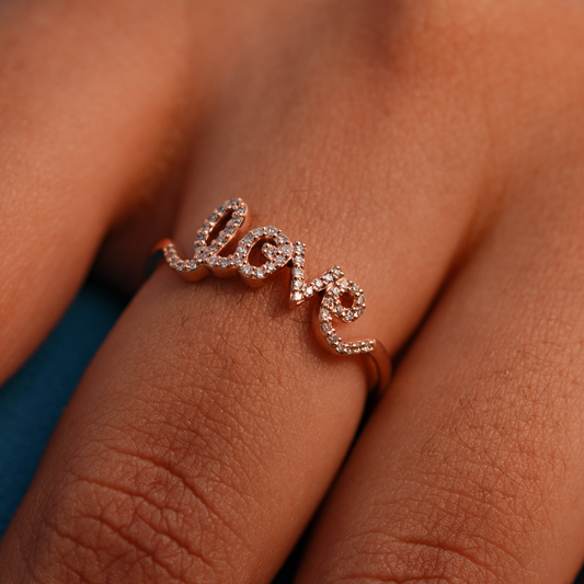 9K Solid Gold Script Love Natural Diamond Ring