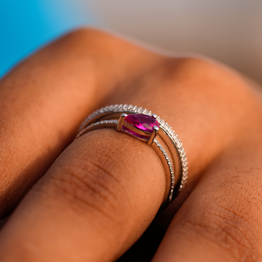 9K Solid White Gold Ruby & Natural Diamond Dual-Band Ring