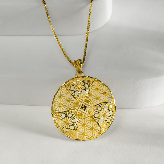22k Gold Geometric Floral Pendant Necklace Set with Matching Stud Earrings