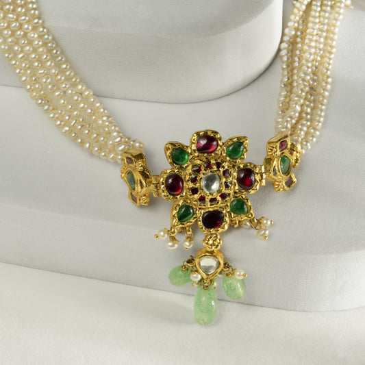 22k Yellow Pearl Strand Necklace with Multicolor Gemstone