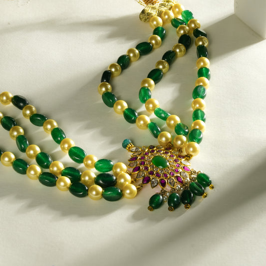 14k Gold Emerald & Pearl Multi-Strand Kundan Necklace Set with Floral Pendant