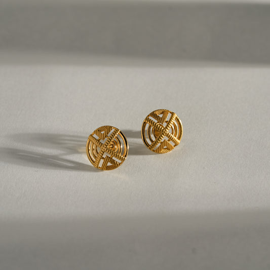 22k Yellow Gold Geometric Textured Circle Gold Stud Earrings (On Pre-Order)