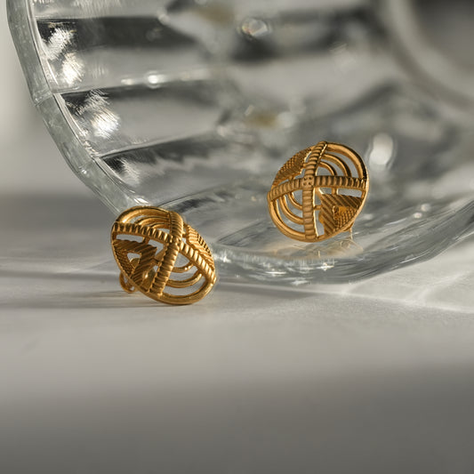 22k Yellow Gold Geometric Textured Circle Gold Stud Earrings (On Pre-Order)