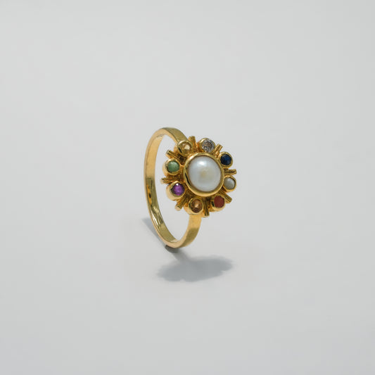 14K Solid Gold Navratna Pearl Halo Ring