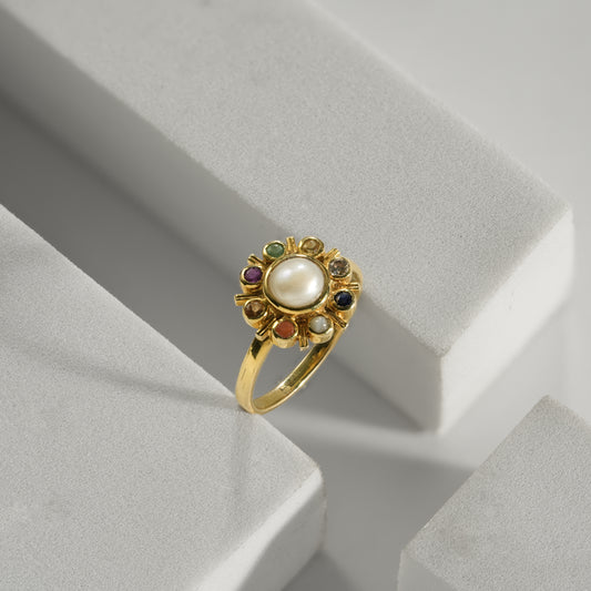 14K Solid Gold Navratna Pearl Halo Ring