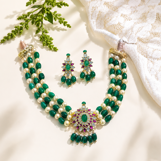 14k Gold Emerald & Pearl Multi-Strand Kundan Necklace Set with Floral Pendant