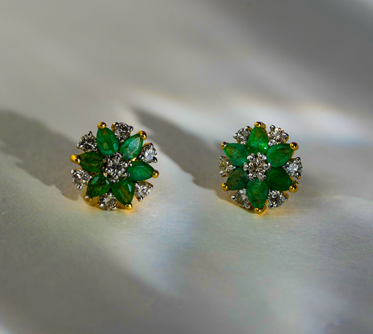 14K Solid Gold Emerald & Diamond Floral Stud Earrings in