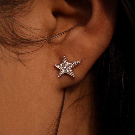 9k Solid White Gold Star-Shaped Natural Diamond Stud Earrings