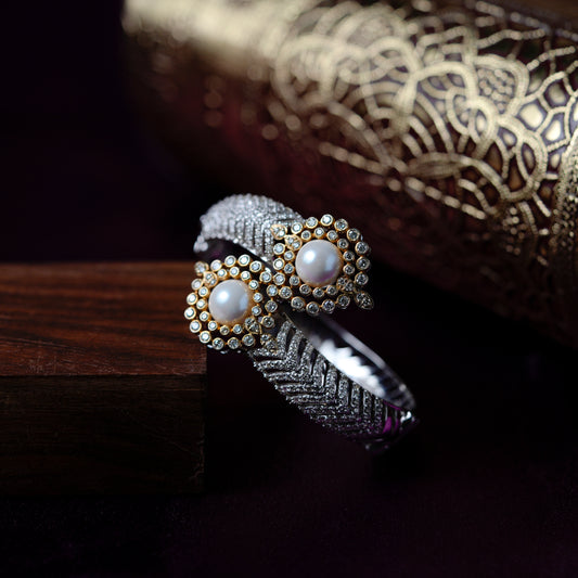 Natural Pearl Royale & Natural Diamond Cuff 14k Bracelet