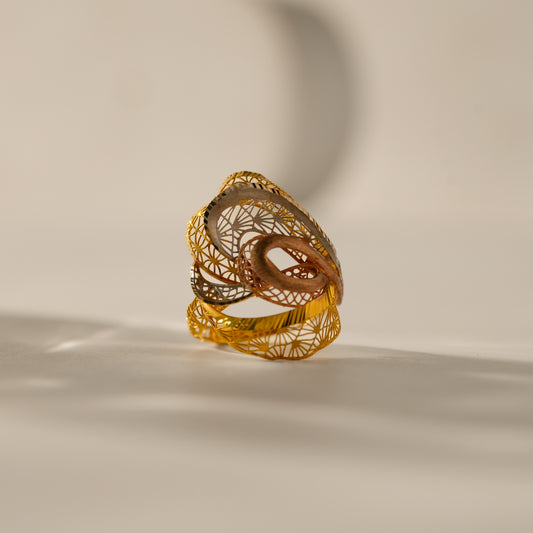 Tri Tone Abstract Filigree Designer 18K Gold Ring