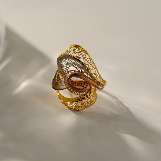 Tri Tone Abstract Filigree Designer 18K Gold Ring