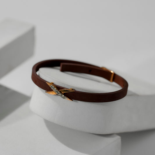Leather Natural Diamond Accent 18K Gold Bracelet