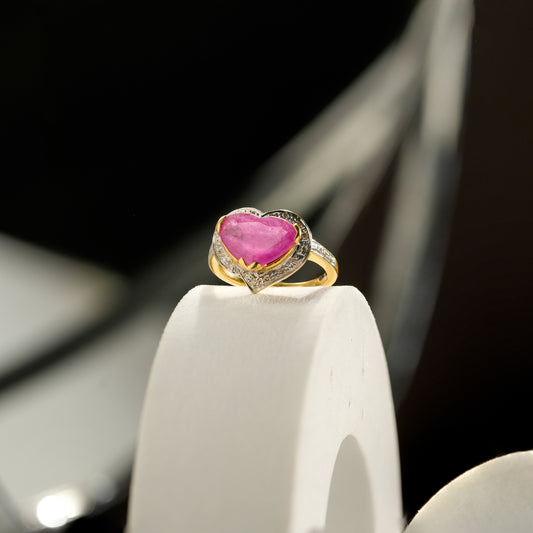 18K Solid Gold Heart-Shaped Ruby Halo Gold Ring