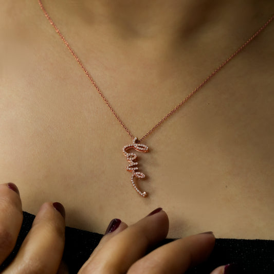 9K Solid Gold Love Script Natural Diamond Pendant Necklace