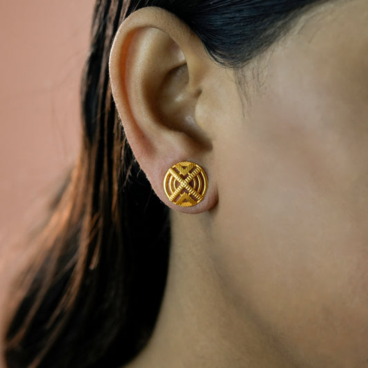 22k Yellow Gold Geometric Textured Circle Gold Stud Earrings (On Pre-Order)