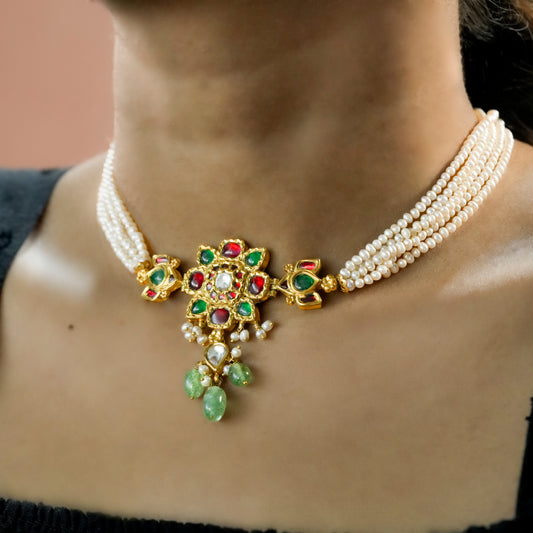 22k Yellow Pearl Strand Necklace with Multicolor Gemstone