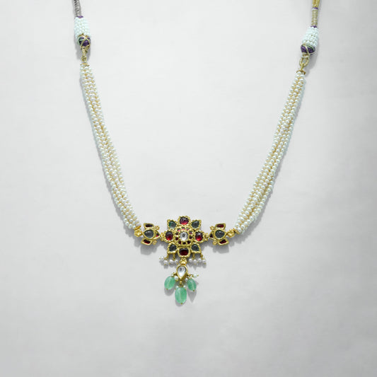 22k Yellow Pearl Strand Necklace with Multicolor Gemstone
