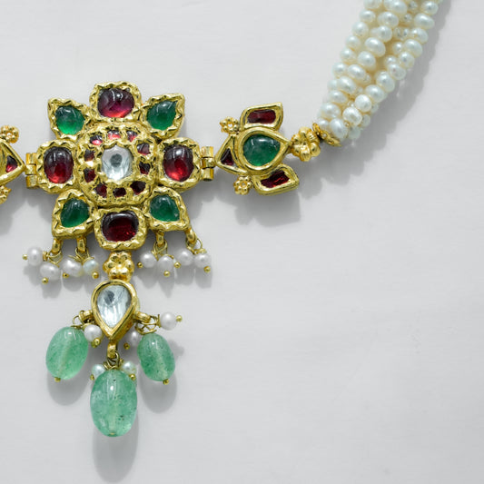 22k Yellow Pearl Strand Necklace with Multicolor Gemstone