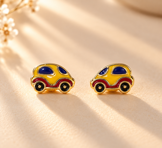 Cute Yellow Car Earrings 18K Gold Plated Screw Back Enamel Studs for Girls