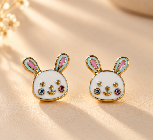Cute Bunny Earrings 18K Gold Plated Screw Back Enamel Rabbit Studs for Girls