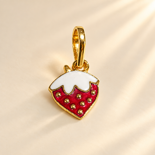 Real Strawberry 18k Gold Enamel Charm Pendant