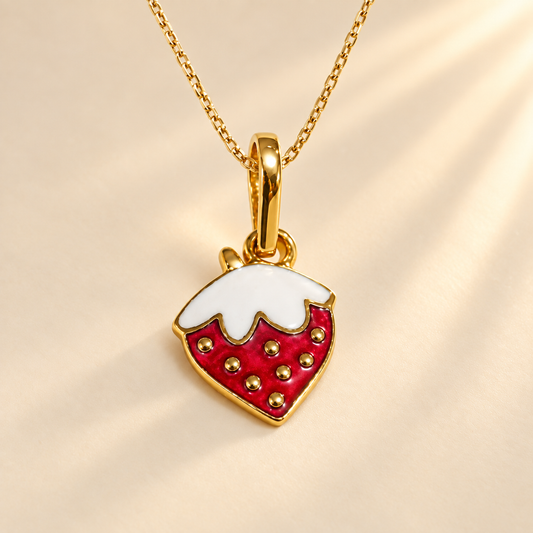 Real Strawberry 18k Gold Enamel Charm Pendant