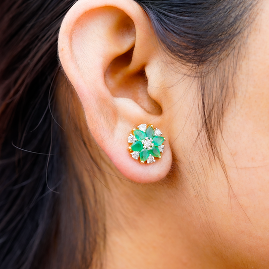 14K Solid Gold Emerald & Diamond Floral Stud Earrings in