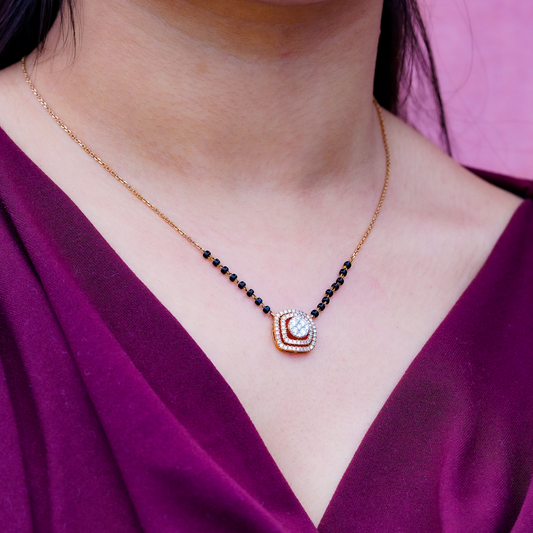 18K Solid Gold Natural Diamond Square Motif Mangalsutra Pendant