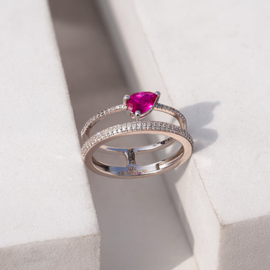 9K Solid White Gold Ruby & Natural Diamond Dual-Band Ring