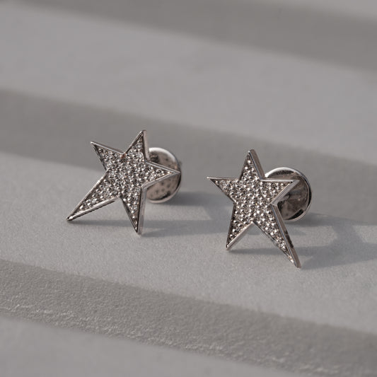 9k Solid White Gold Star-Shaped Natural Diamond Stud Earrings