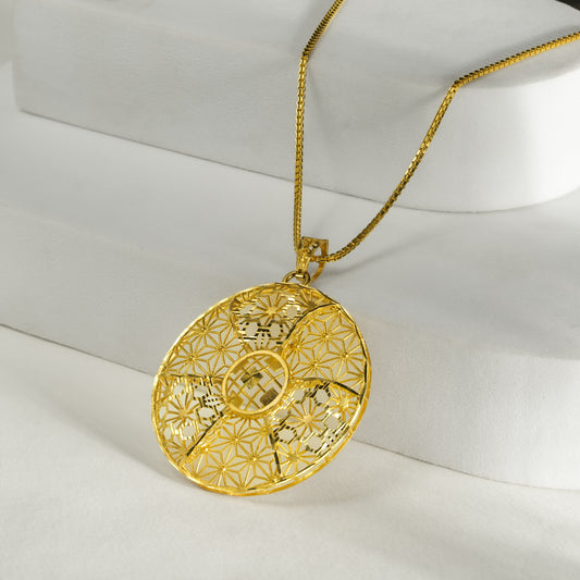 22k Gold Geometric Floral Pendant Necklace Set with Matching Stud Earrings