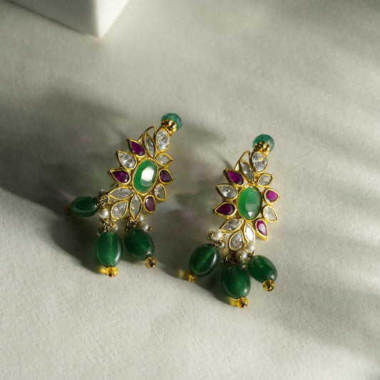 14k Gold Emerald & Pearl Multi-Strand Kundan Necklace Set with Floral Pendant