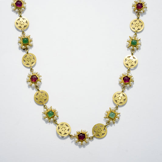 18k Yellow Gold Floral Motif Gold Necklace with Pearl, Ruby & Emerald Accents
