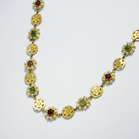 18k Yellow Gold Floral Motif Gold Necklace with Pearl, Ruby & Emerald Accents