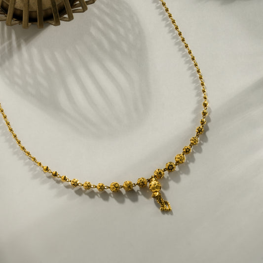22k Yellow Gold Floral Bead Drop Gold Necklace with Textured Detailing