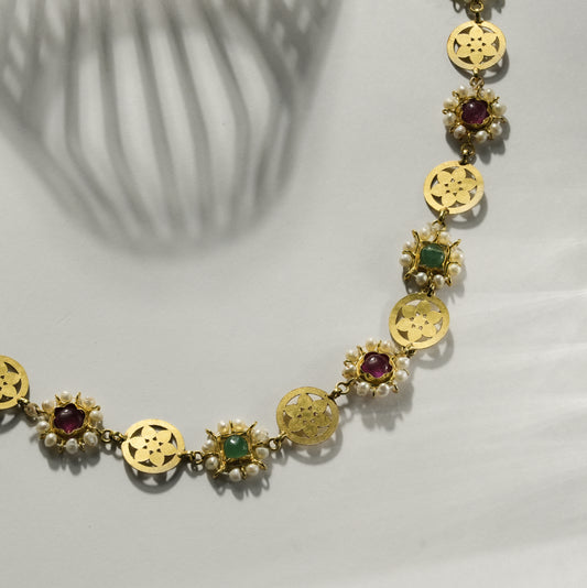 18k Yellow Gold Floral Motif Gold Necklace with Pearl, Ruby & Emerald Accents