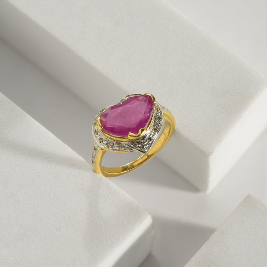 18K Solid Gold Heart-Shaped Ruby Halo Gold Ring