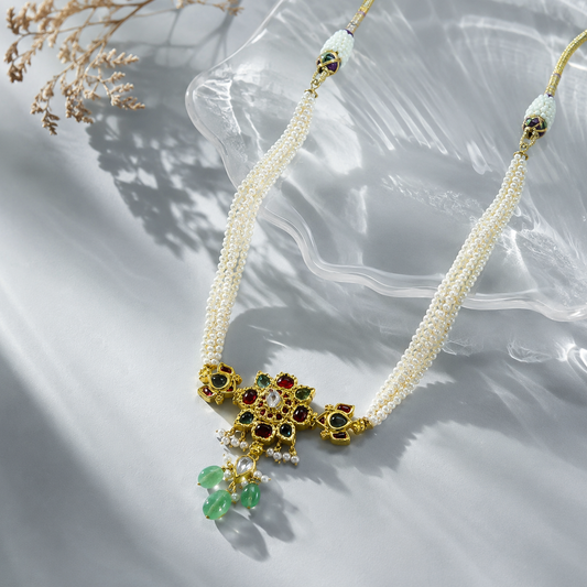 22k Yellow Pearl Strand Necklace with Multicolor Gemstone