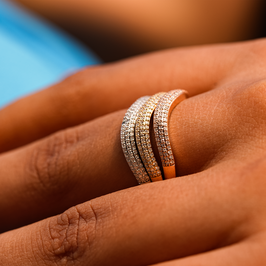 9K Solid Gold Triple-Band Natural Diamond Ring