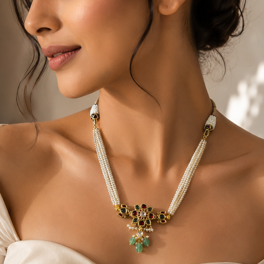 22k Yellow Pearl Strand Necklace with Multicolor Gemstone