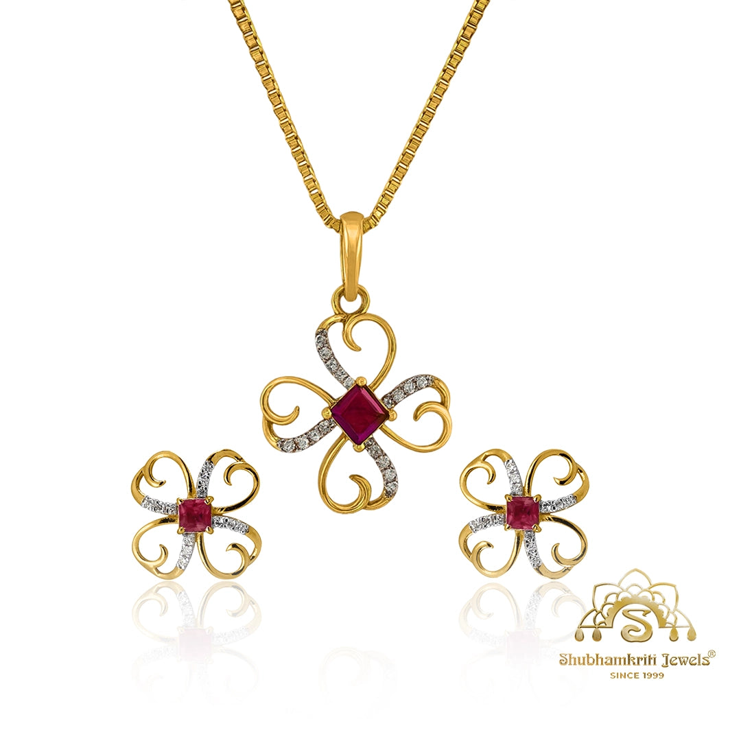 Ruby diamond pendant and earring set in gold