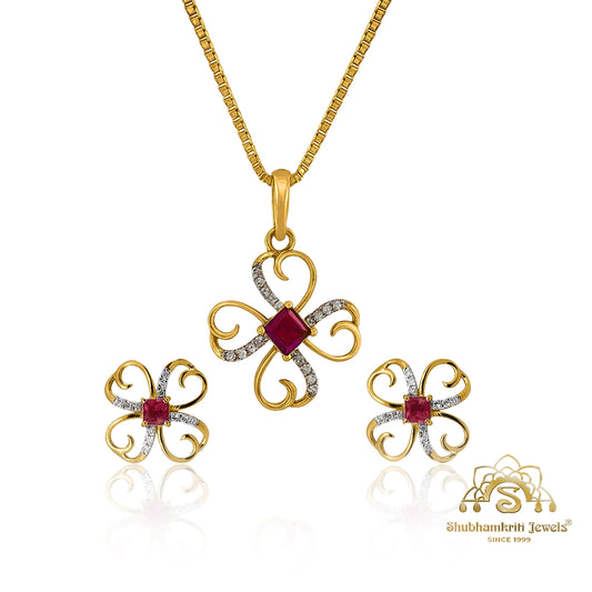 Ruby diamond pendant and earring set in gold