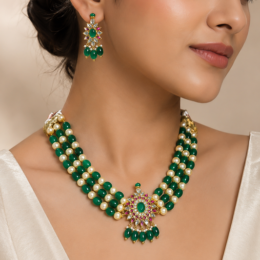 14k Gold Emerald & Pearl Multi-Strand Kundan Necklace Set with Floral Pendant