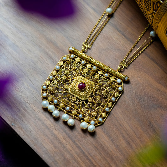 Heritage Ruby Pearl Statement Pendant 18K Gold Necklace