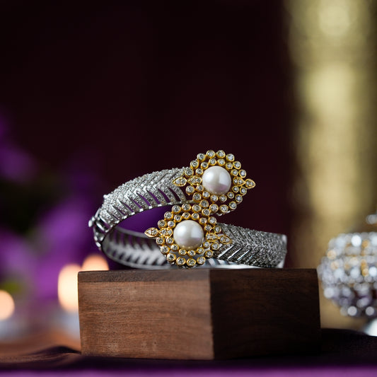 Natural Pearl Royale & Natural Diamond Cuff 14k Bracelet