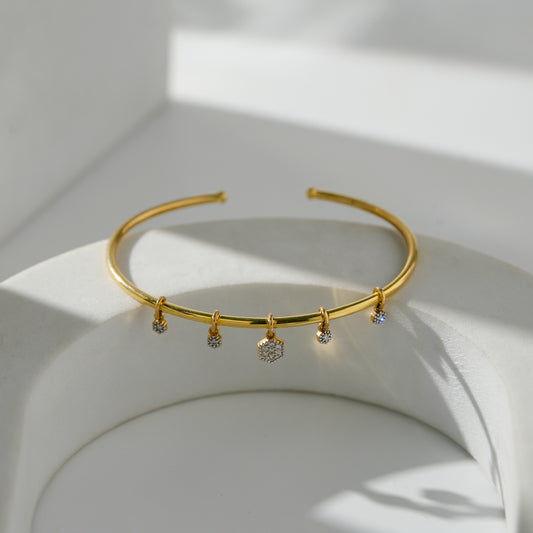18K Gold Natural Diamond Charm Open Cuff Bangle