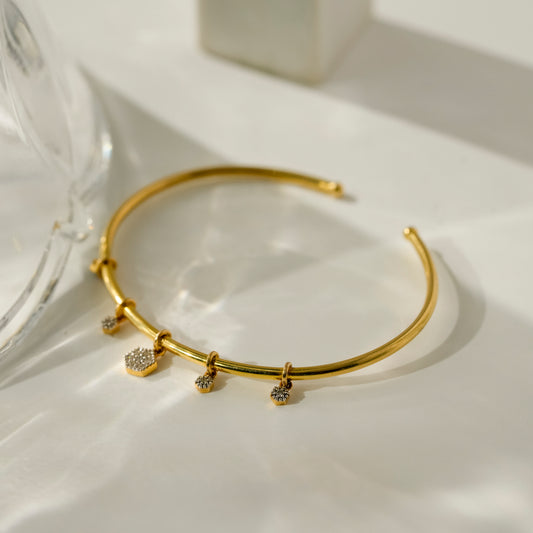 18K Gold Natural Diamond Charm Open Cuff Bangle
