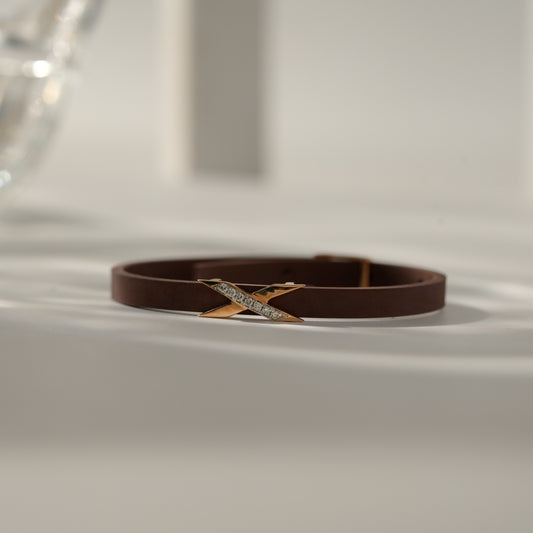 Leather Natural Diamond Accent 18K Gold Bracelet