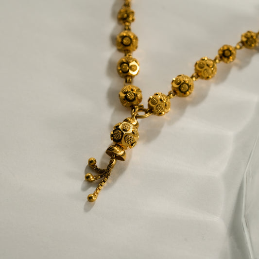 22k Yellow Gold Floral Bead Drop Gold Necklace with Textured Detailing