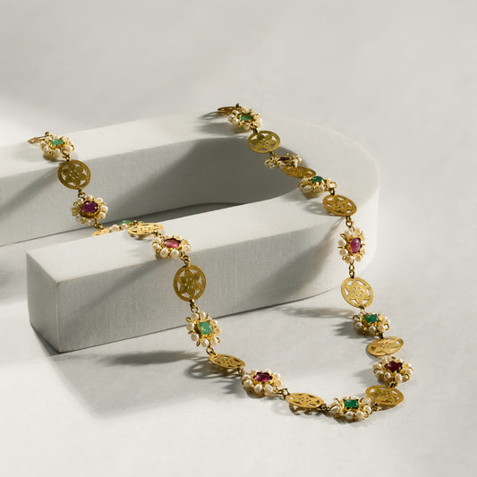 18k Yellow Gold Floral Motif Gold Necklace with Pearl, Ruby & Emerald Accents